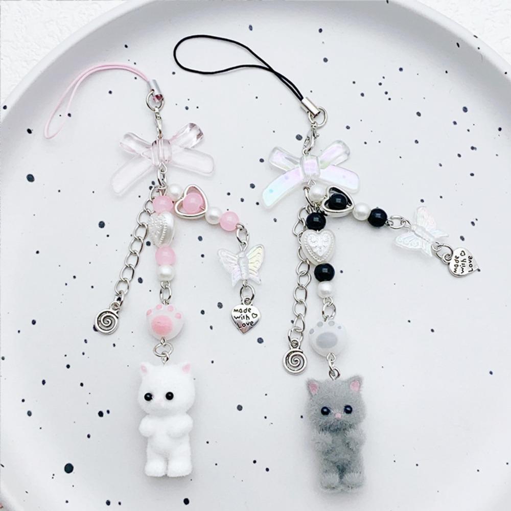 Cute Sweet Bowknot String Beads Flocking Kitty Key Chains Mobile Phone Pendant for Women Exquisite Cat Jewelry Accessory Gifts