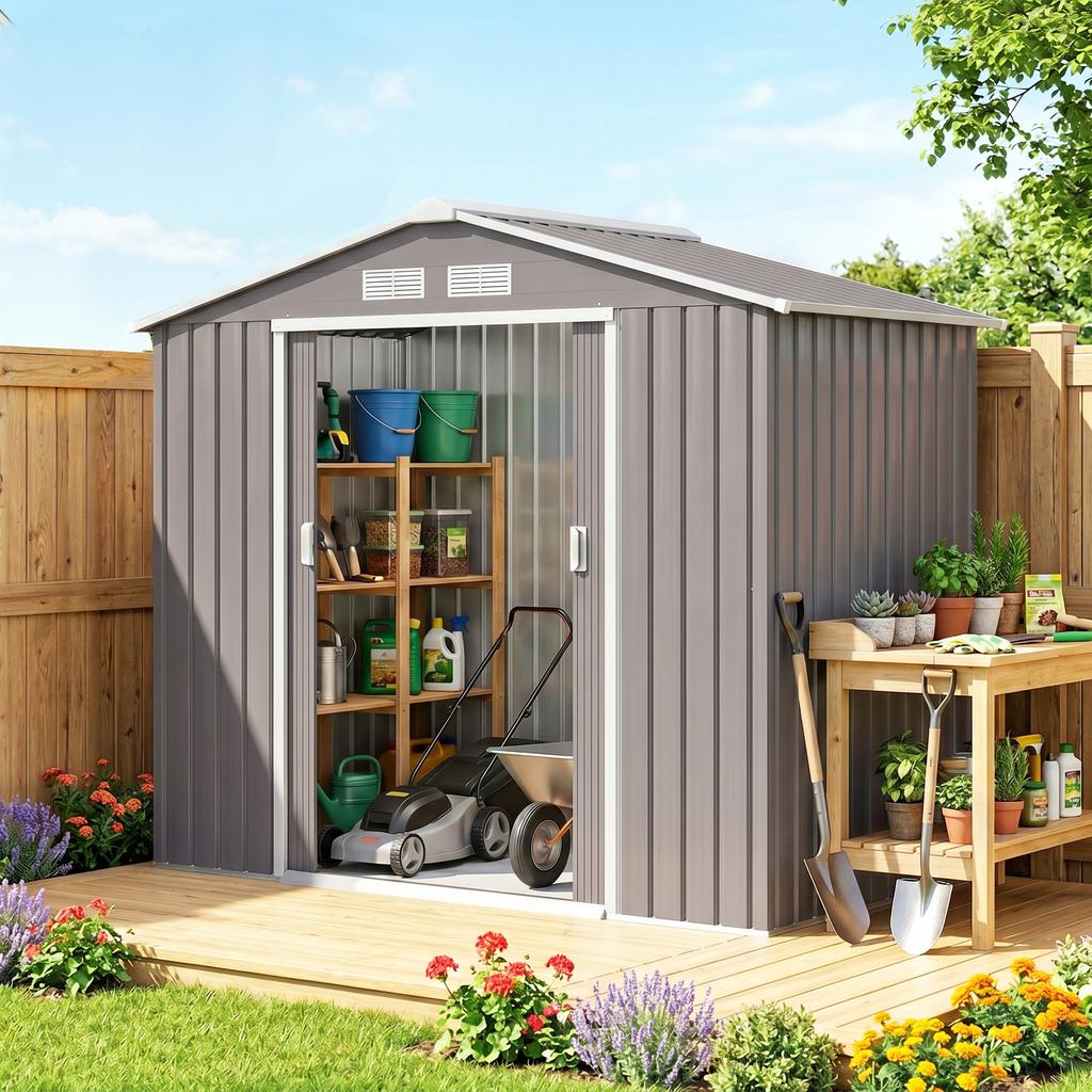 Garden Shed, Metal, 213 x 130 x 185 cm, Tool Storage, Grey