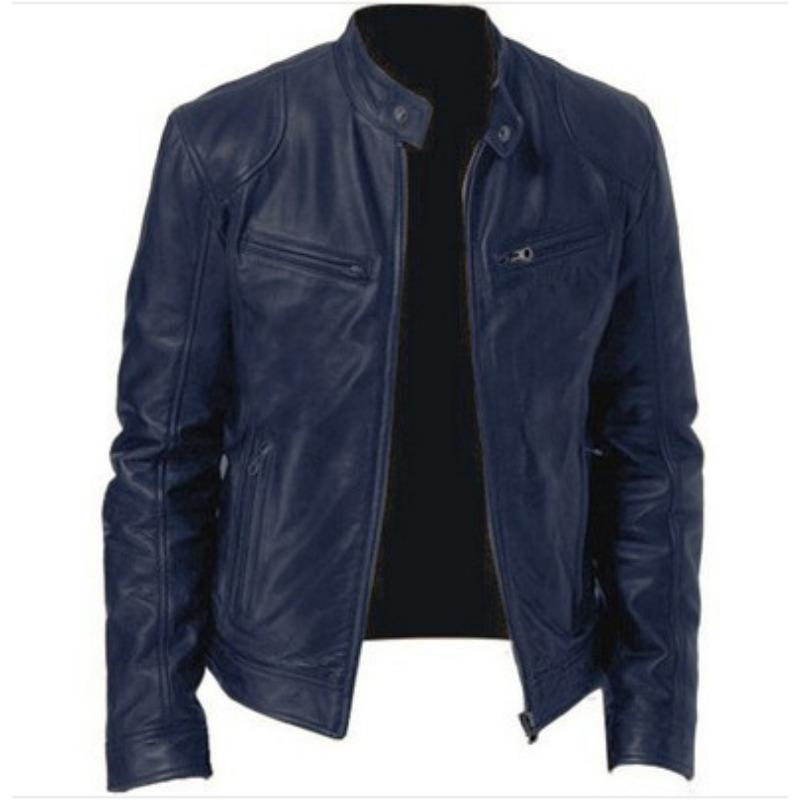 

Мужская мотоциклетная кожаная куртка Slim Fit Short-пальто с отворотами PU Куртки Осень Новая молния стойка ветрозащитное кожаное пальто Мужская одежда S синий