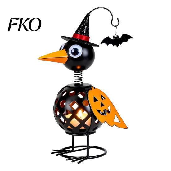 Fall Harvest Decorations Halloween Metal Crow Pumpkin Figurine, Wrought Iron Raven Statue with Witch Hat, Spooky Decor LED Candle Holder