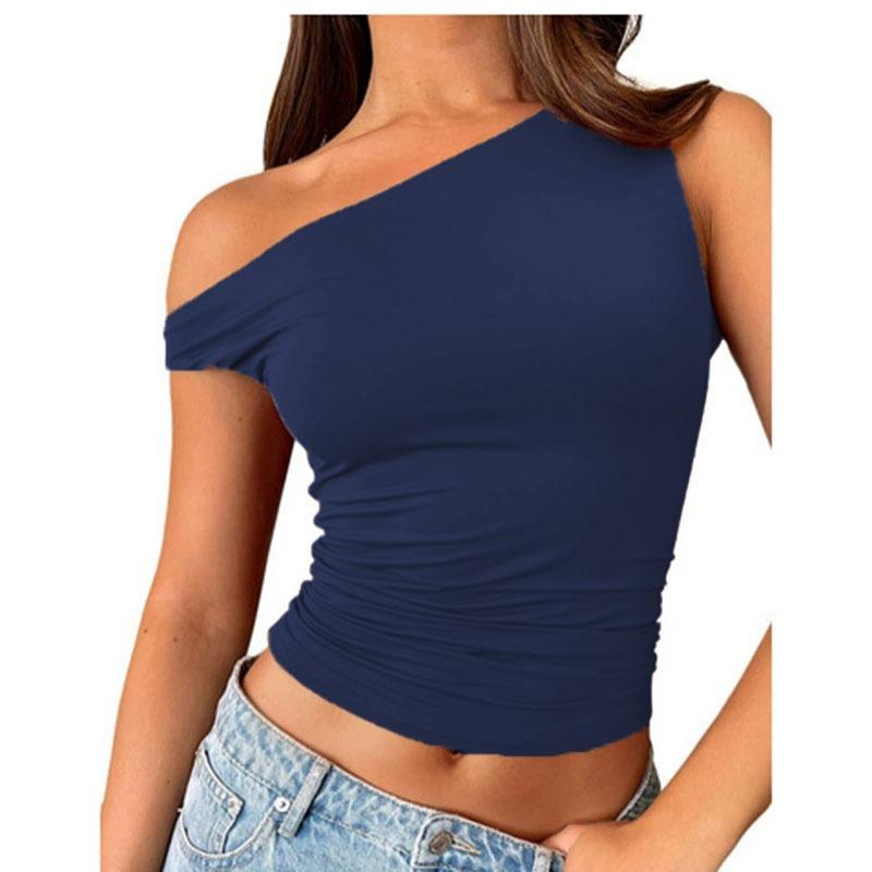 Women one shoulder asymmetrical short sleeve ruched crop top solid black slim casual tee