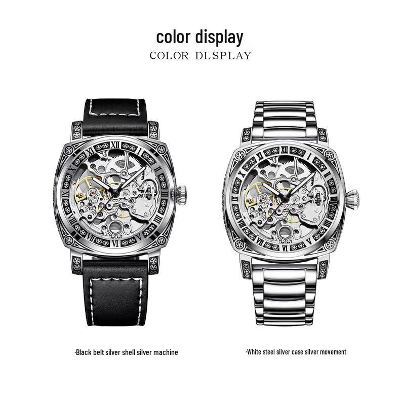 Herren Skelett Automatische Mechanische Uhr, Geprägtes Edelstahl