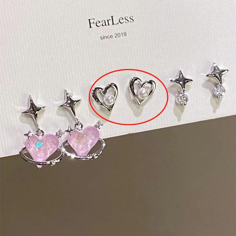 Set de 6 cercei tip stud cu inimioare roz coreene și explozii stelare pentru femei - Modă toamnă/iarnă