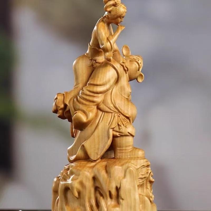 Solid Wood Zhu Bajie Carries His Wife On His Back Sculptures Figurines Journey To the West Character Home Decoration WeddingGift