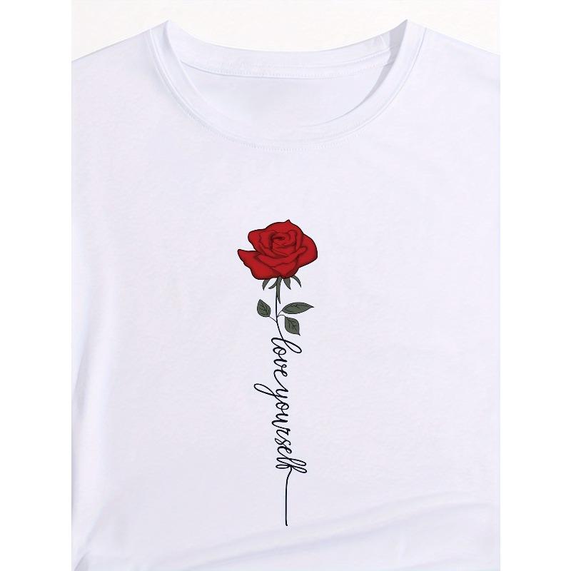 European sizes Floral and Letter Print Casual T-Shirt Love Yourself
