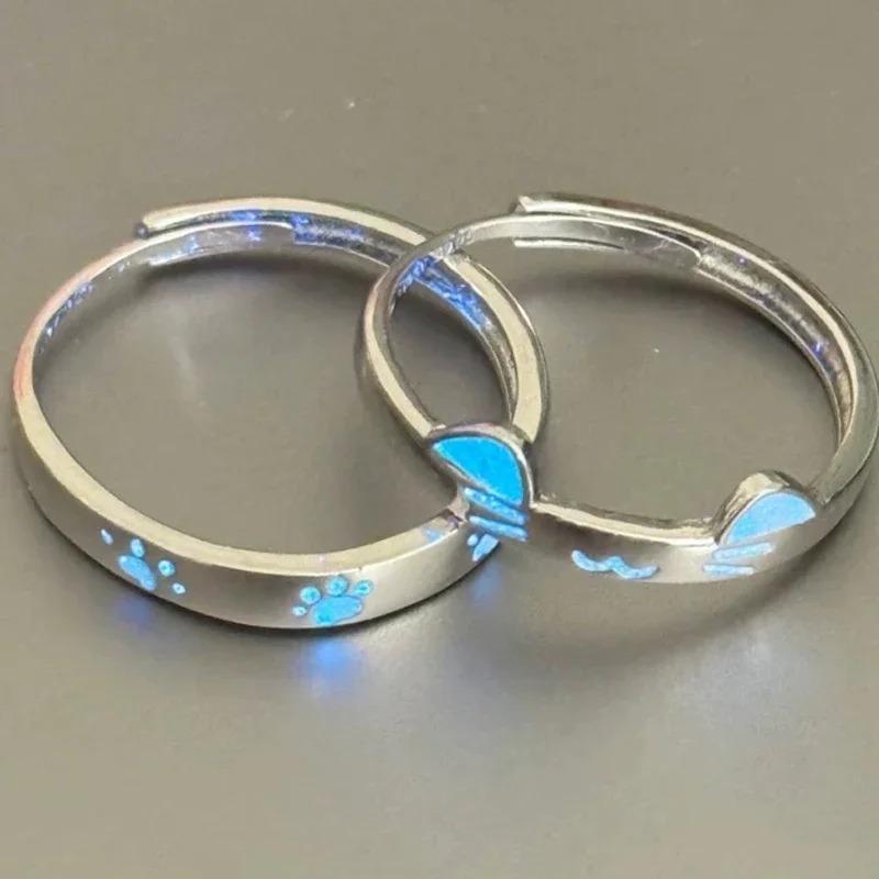 1/2Pcs  Blue Luminous Cat Dog Couple Rings Creative Glowing In The Dark Rings Jewelry For Men Women Valentine's Day Gift