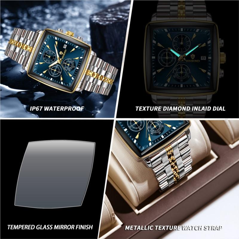 BINBOND Men Multifunctional Quartz Watch Three-Eye Six-Hand Business Stainless Steel Band Fashion Casual Wristwatch Reloj Hombre