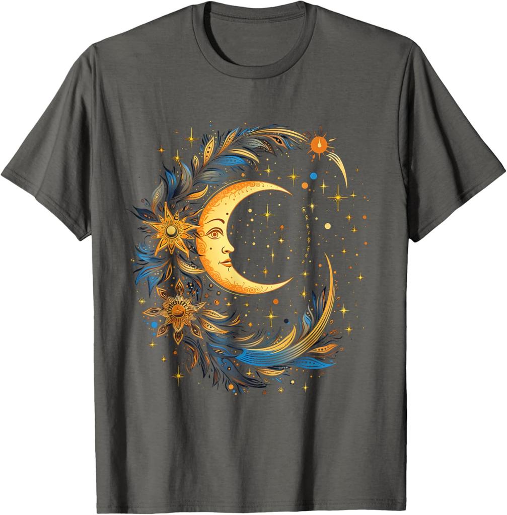 Mystic Celestial Moon and Sun Face Graphic Tee Casual Cotton Short Sleeve T-Shirt for Men