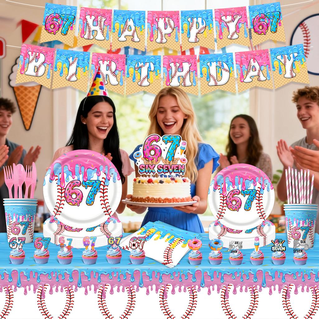 Baseball Donut Ice 67 themed Birthday Disposable Paper Tableware with Cups Plates Cake Topper Gift Bag Party Supplies
