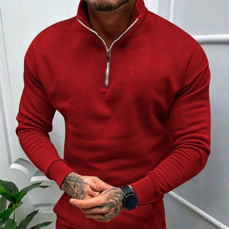 Autumn and Winter Men's Casual Padded Solid Colour Long-sleeved Half Zip POLO Stand-up Collar Top Man