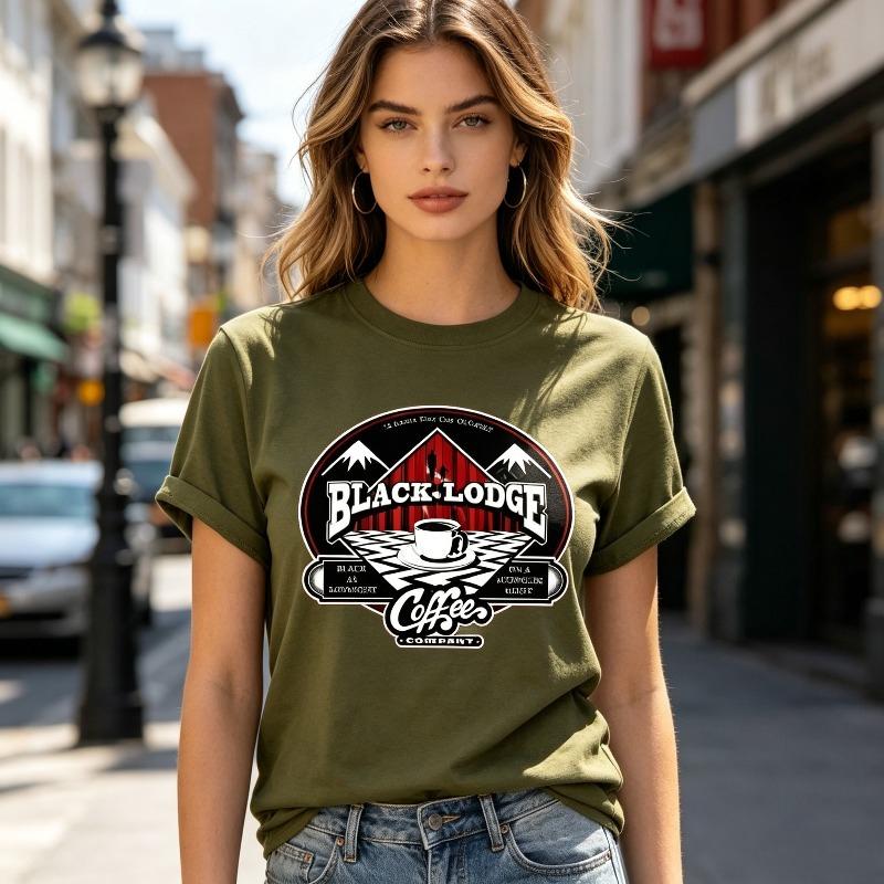 Retro Black Lodge Coffee Print TShirt Twin Peaks Cult TV Show Fan Gift Casual ONeck Short Sleeve Tee Shirt for Unisex and Unisex