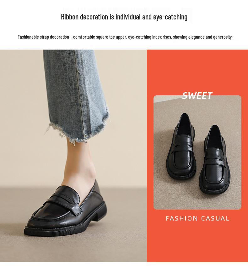 Women's Black British Style Leather Loafers: Thick Sole, Chunky Heel, Round Toe, Two-Wear Design - Spring 2025