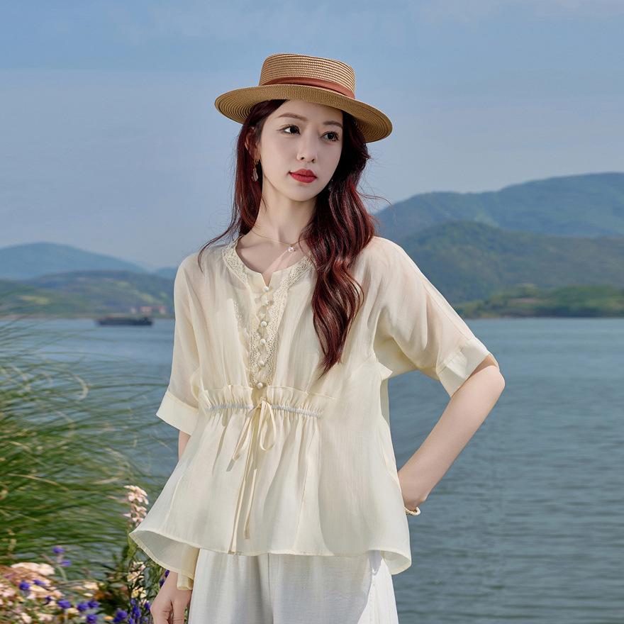 

Fashion suit women s summer new belly cover shirt, top, wide-leg pants three-piece set, a complete set M