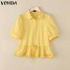 Women Puff Short Sleeve Blouse Casual Buttons Ruffled Tops