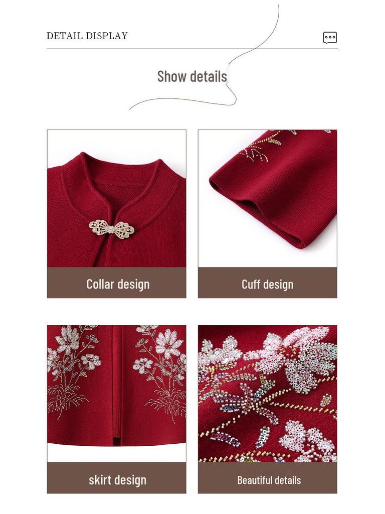 Mom's 2025 Autumn/Winter Knitted Cardigan with Embroidery for Middle-Aged and Elderly Women