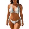 Women's Casual Two Piece Bikini Set Halter Neck Top with Adjustable Tie Side Bottoms Lightweight Fabric Striped Print Swimwear
