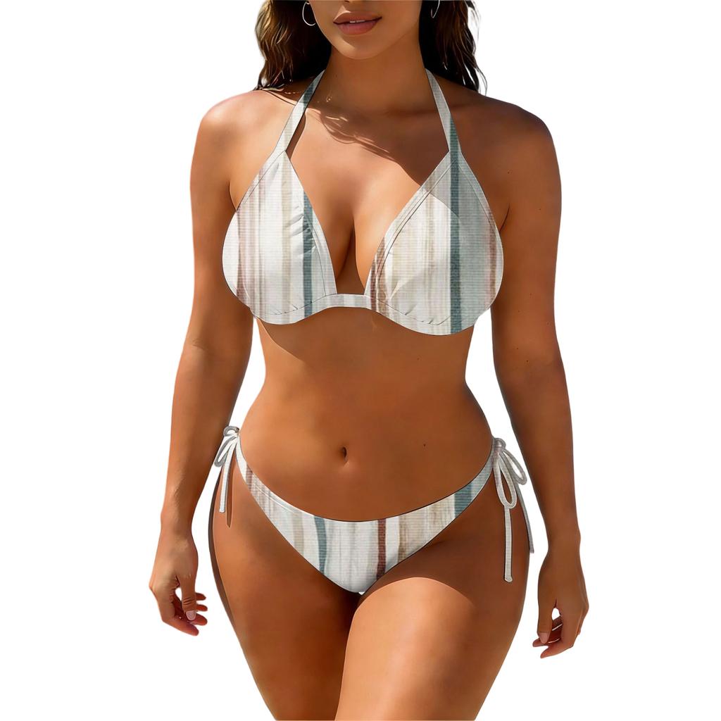 Women's Casual Two Piece Bikini Set Halter Neck Top with Adjustable Tie Side Bottoms Lightweight Fabric Striped Print Swimwear