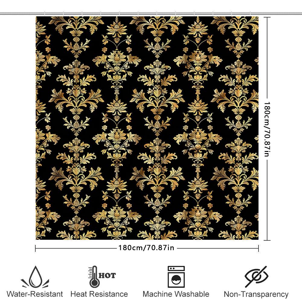 Golden Damask Shower Curtain Luxury Bath Decor For Home Bathroom Black Gold Waterproof Fabric 72X78 (183X200Cm)