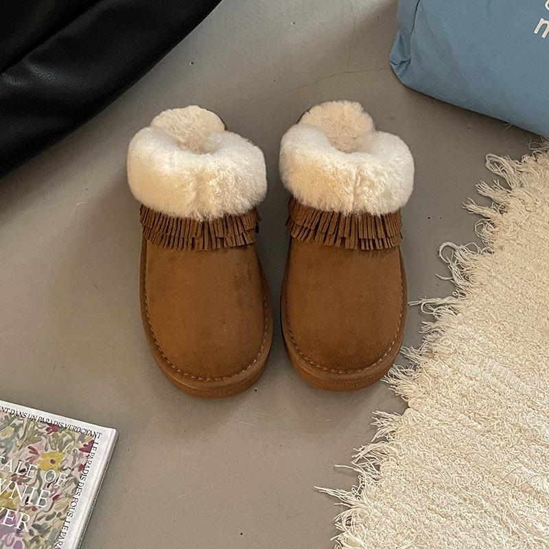 Niche Design Sense Tassel Baotou Drag Women Autumn and Winter Retro Plush Versatile Home Suede One-pedal Cotton Slippers