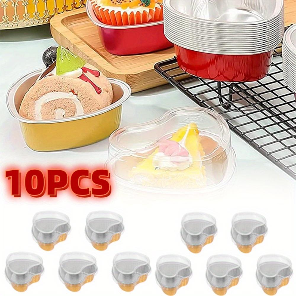10PCS Aluminum Foil Cake Cup Pan Heart Shaped Cupcake Mold with Lids Disposable Mini Pudding Baking Cups Baking Accessories