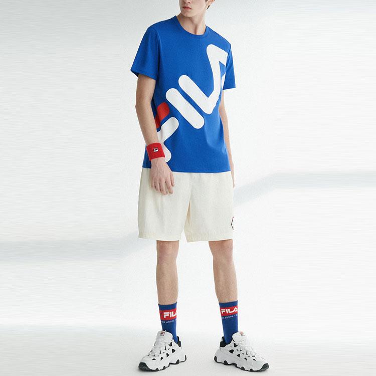 Fila Fusion Color Block Large Logo Print Fashion Sports Loose Short Sleeve T-Shirt Men Tops Dark-Blue T11M022118ABU