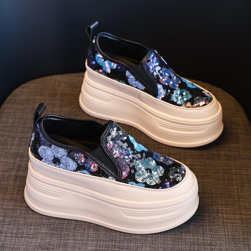Fashion Ladies Footwear High on Platform Round Toe Slip Sequins Women's Shoes Sale Korean Offer Comfortable and Elegant Vulcanized Shoe