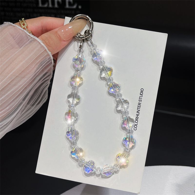 New Small Crystal Clover Bead Phone Chain On The Phone Short Wrist Rope Clip Outdoor Loss Prevention Pendant for All Phone Cases