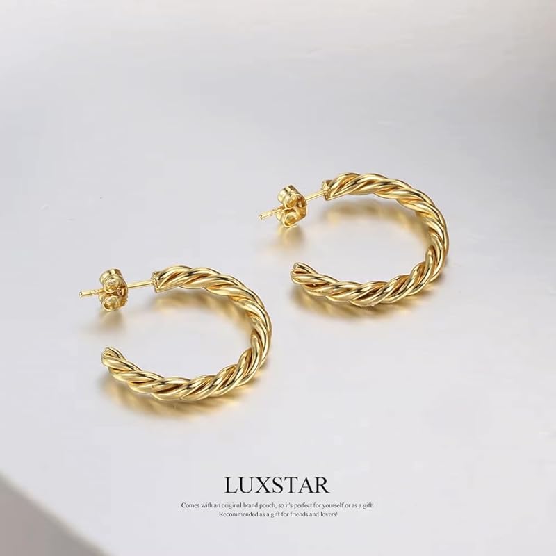 LUXSTAR Twisted Hoop Earrings Thickness 4mm Ring Earrings Big Thick Stainless Both Ears Ladies Men's South Korea Simple Brand (gold Gold, 25mm)