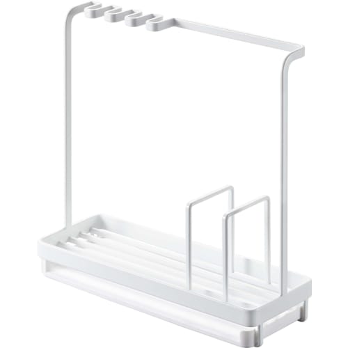 Yamazaki Sponge & Cleaning Tool Stand, White, Approx. W25 x D9 x H24.5cm, Tower, Double-Sided Tray, Sponge Rack, Tool Hooks, 4993