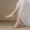 French rhinestone premium transparent crystal heel sandals women's word with thick heels slippers high heels wear sandals