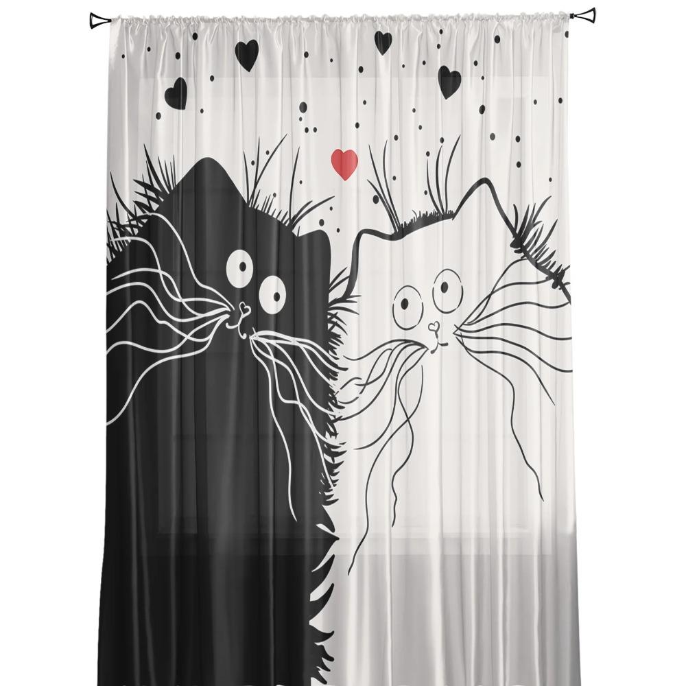 Black White Cat Curtain Window For Living Room Bedroom Kitchen Chiffon Sheer Window Treatment Decorations