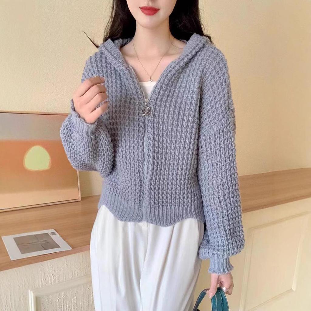 Korean Style Women's High Collar Thick Knit Zipper Sweater Jacket