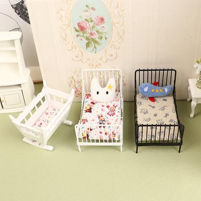 1Set 1:12 Dollhouse Miniature Iron European Bed Cradle Bed With Mattress Cushion Hanging Ornaments Furniture Bedroom Decor Toy