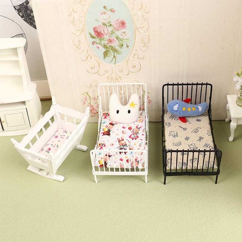 1:12 Dollhouse Mini European Iron Bed Cradle Bed Cushion Mattress Bedroom Decor