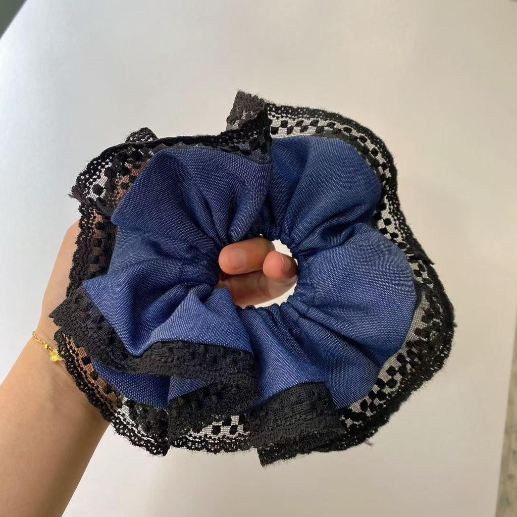 Doppellagiges Denim-Spitzen-Scrunchie im koreanischen Stil für tiefe Pferdeschwänze: Hochleistungs-Haargummi für Frauen