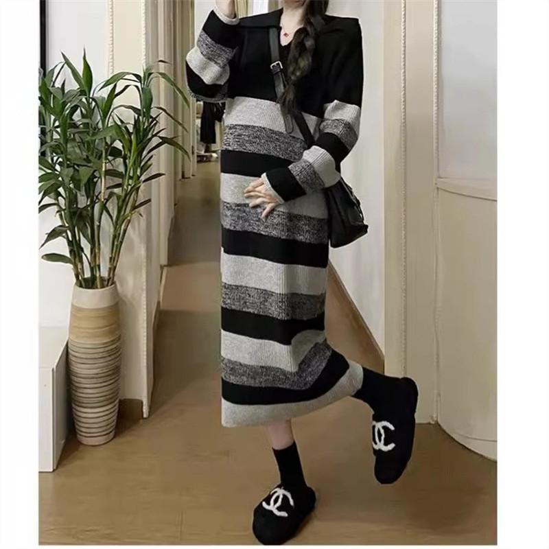 Long Autumn and Winter Knitted Large-size Dress Sweater New Striped Fashion Temperament Loose and Thin Bottom Skirt