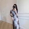 Women's Retro Tie-Dye Mesh Midi Dress - Waist-Slimming Long Sleeve (2025 Spring/Autumn)
