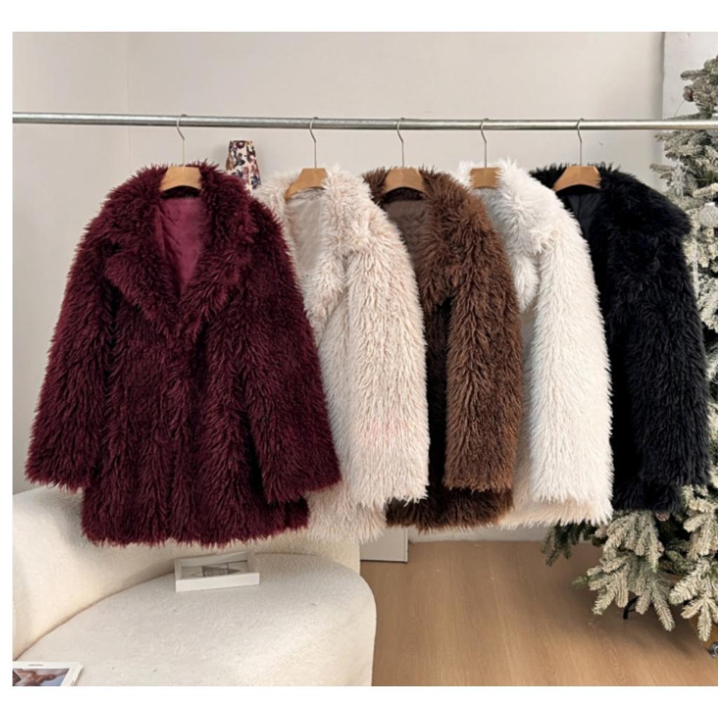 Damen Notched Lapel Langarm Kunstpelzmantel Lockerer Schnitt Streetwear Flauschige Jacke