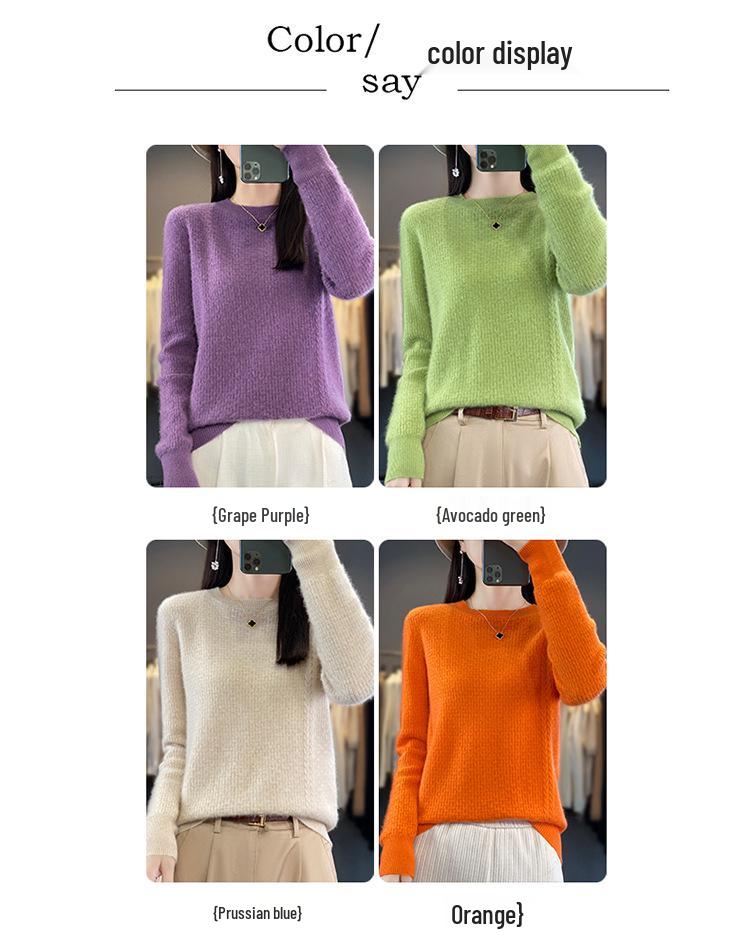 Women's Soft Wool Round Neck Sweater - 100% Pure Wool, Long Sleeve, Fluffy Knit, Autumn/Winter 2023
