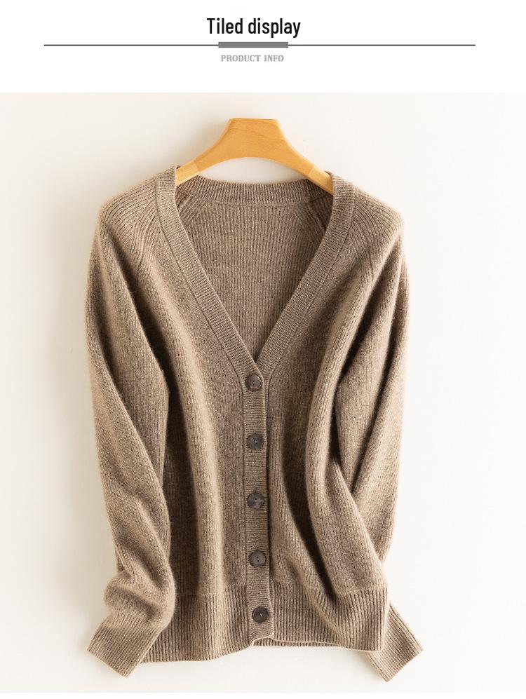 Women's Cashmere V-Neck Knit Cardigan - Warm, Loose, Slimming Sweater for Autumn & Winter