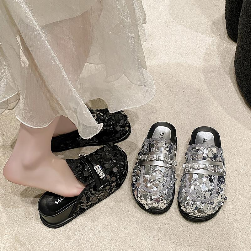 Fashion Bling Platform Mules Slippers Women Flat Sandals Casual Loafers Shoes Woman 2025 Trend Comfort Elegant Dress Summer Slides Mujer