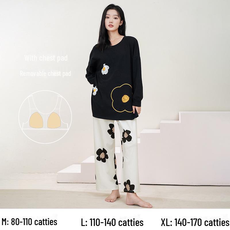 Women's Pure Cotton Long-Sleeve Pajama Set with Chest Pads - Large Size, Spring/Autumn 2025