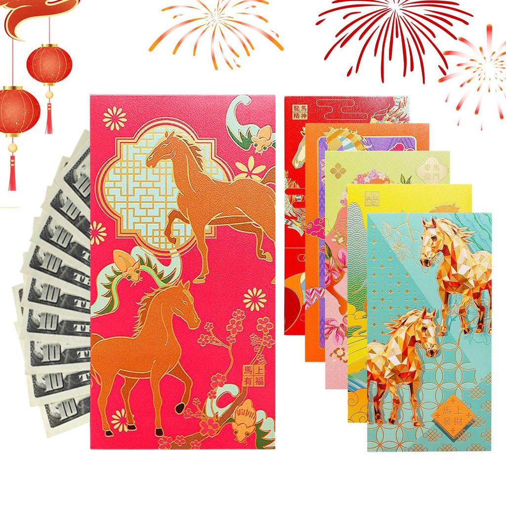 6 Stück 2026 Jahr des Pferdes Frühlingsfest Roter Umschlag Pferdemuster Tasche Scherenschnittmuster Mondneujahr Roter Umschlag