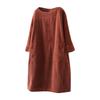 Women Vintage Pockets Corduroy Solid Color Long Sleeve Loose Casual Dress
