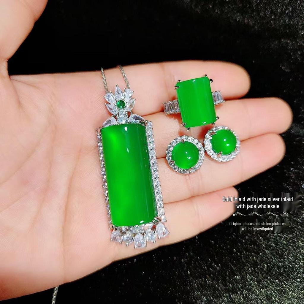 Emerald Imperial Green Agate Jewelry Set: Pendant, Earrings & Square Ring
