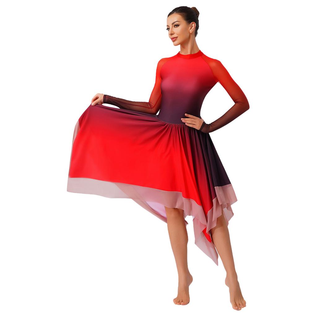 Womens Lyrical Dance Gradient Dress Mesh Long Sleeve Irregular Hem Back Keyhole Leotard Figure Skating Modern Costume