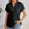 Women's Fashion Solid Color V Neck Button Pocket Short Sleeved Shirt Cotton Casual  T-shirt Top