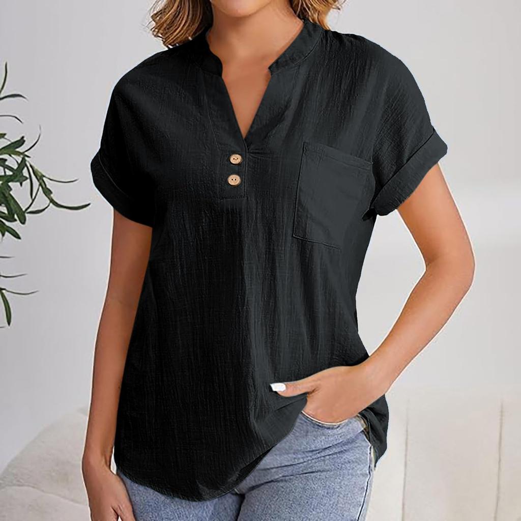 Women's Fashion Solid Color V Neck Button Pocket Short Sleeved Shirt Cotton Casual  T-shirt Top