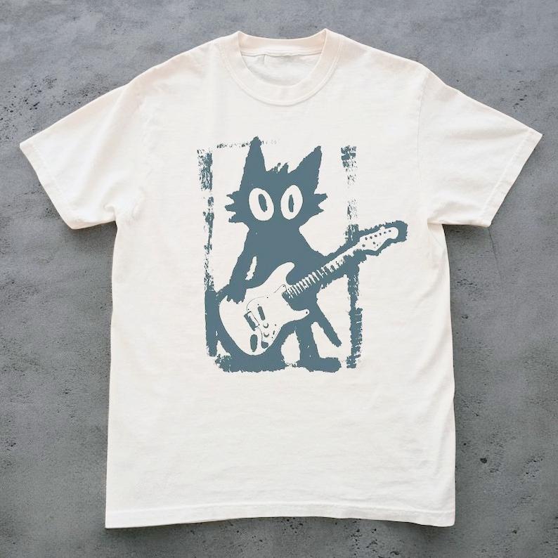 Rockstar Cat Grunge Punk Band Tee Aesthetic Abstract Guitar Tshirt Unisex Unisex Harajuku Y2k Tshirt Trendy Streetwear Tee Tops