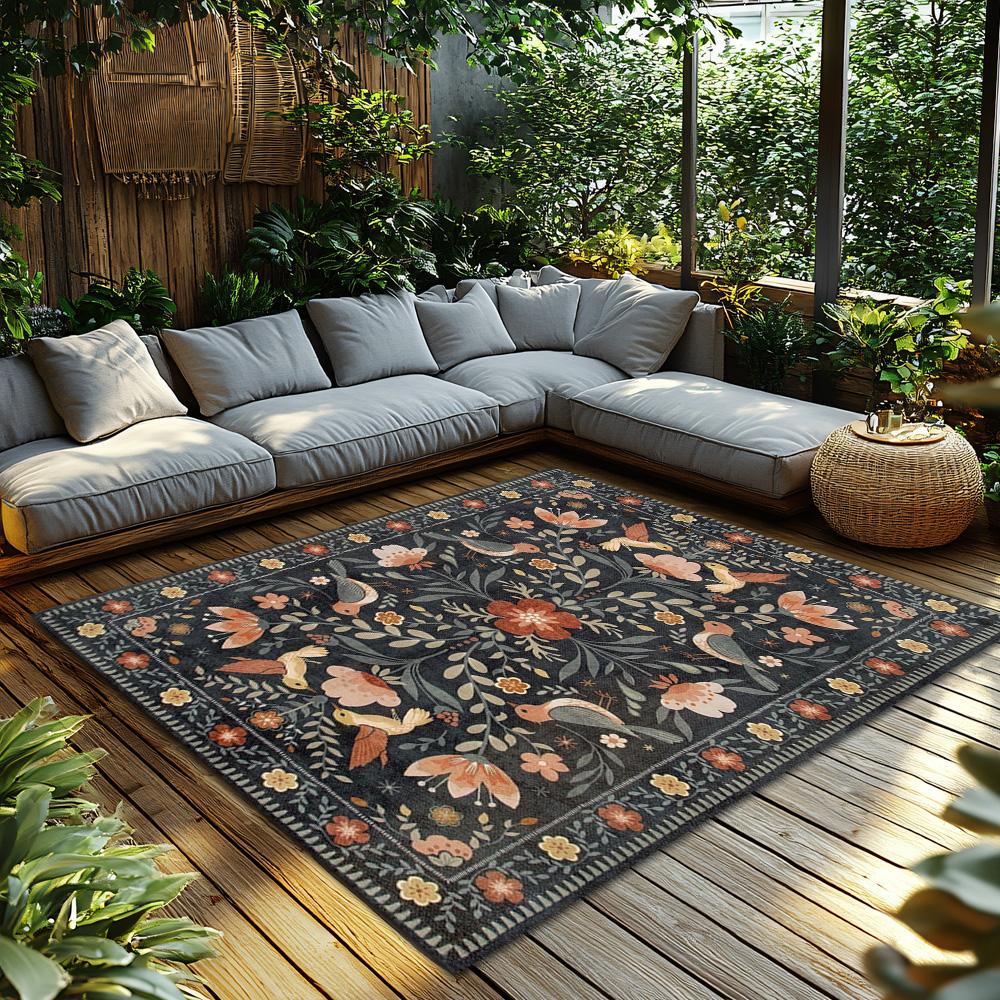 Dark Background Floral Bird Rug, Bohemian Garden Pattern Non-Slip Carpet, Orange Accent Living Room Mat for Home Decor